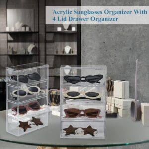 Sintuff 2 Pieces Acrylic Sunglass Organizer Clear Sunglass Holder with 4 Drawers Glasses Organizer for Women Clear Eyeglass Holder Eyewear Display Case Multiple Pair for Glasses Jewelry Watch Storage