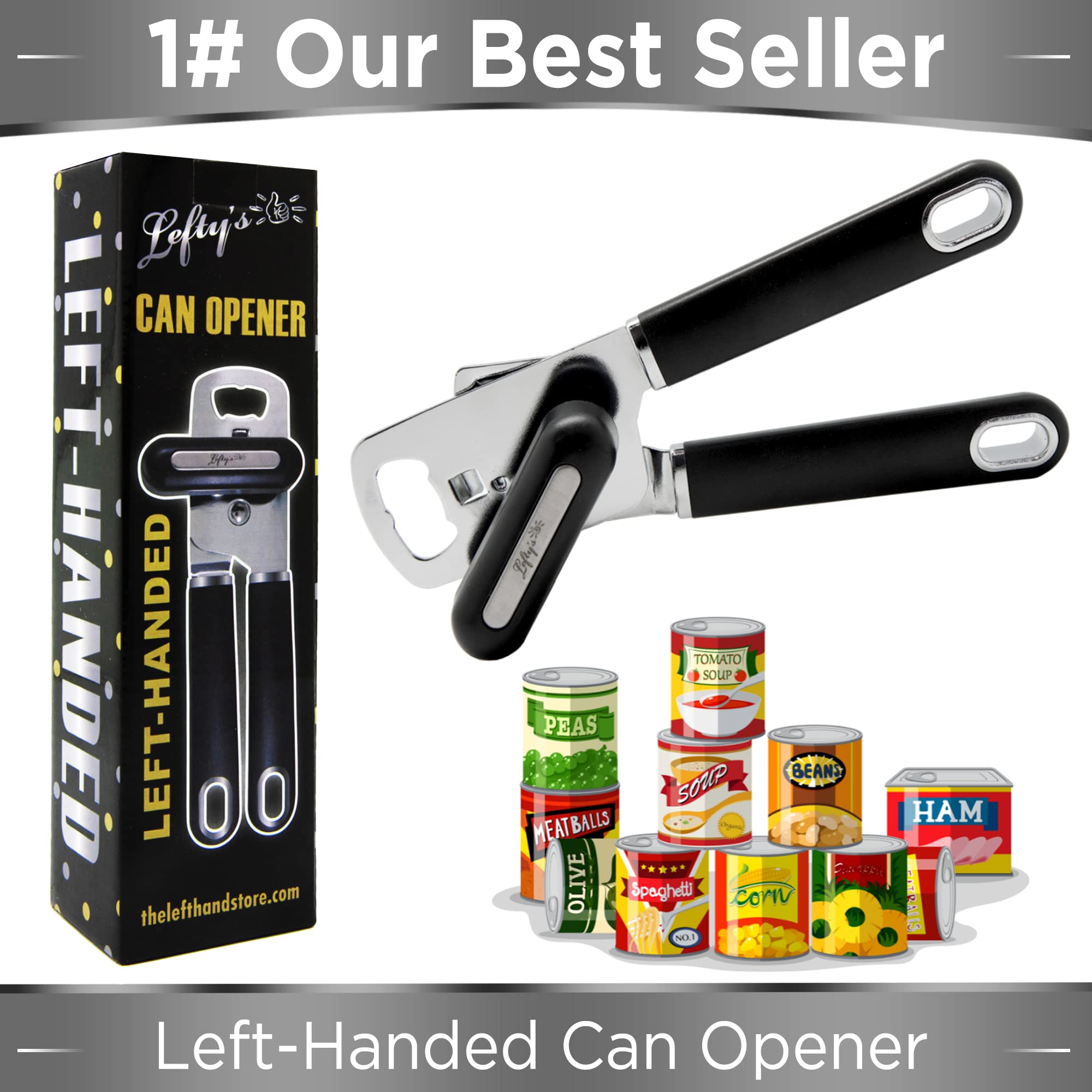 Lefty’s Left Handed Can Opener - Premium Design Black Heavy duty Stainless Steel - Easy To Turn Sharp Blade - Smooth Edge - Great Gift for Left-Handed People, Adults, Men and Women