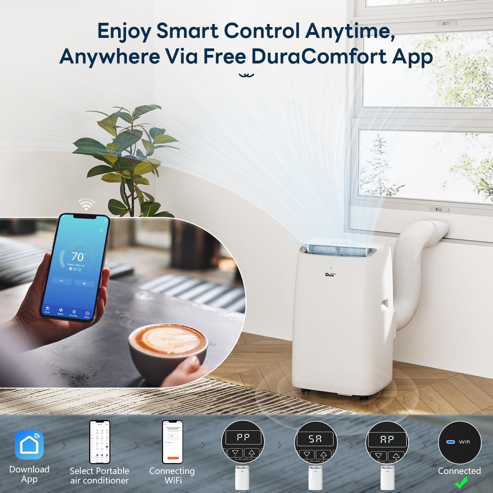 DuraComfort Portable Air Conditioner, 12000 BTU(ASHRAE) /8150 BTU (SACC) Smart AC Unit, Built-in Dehumidifier and Fan Modes, Mobile App, Cools up to 350 Sq.Ft, White