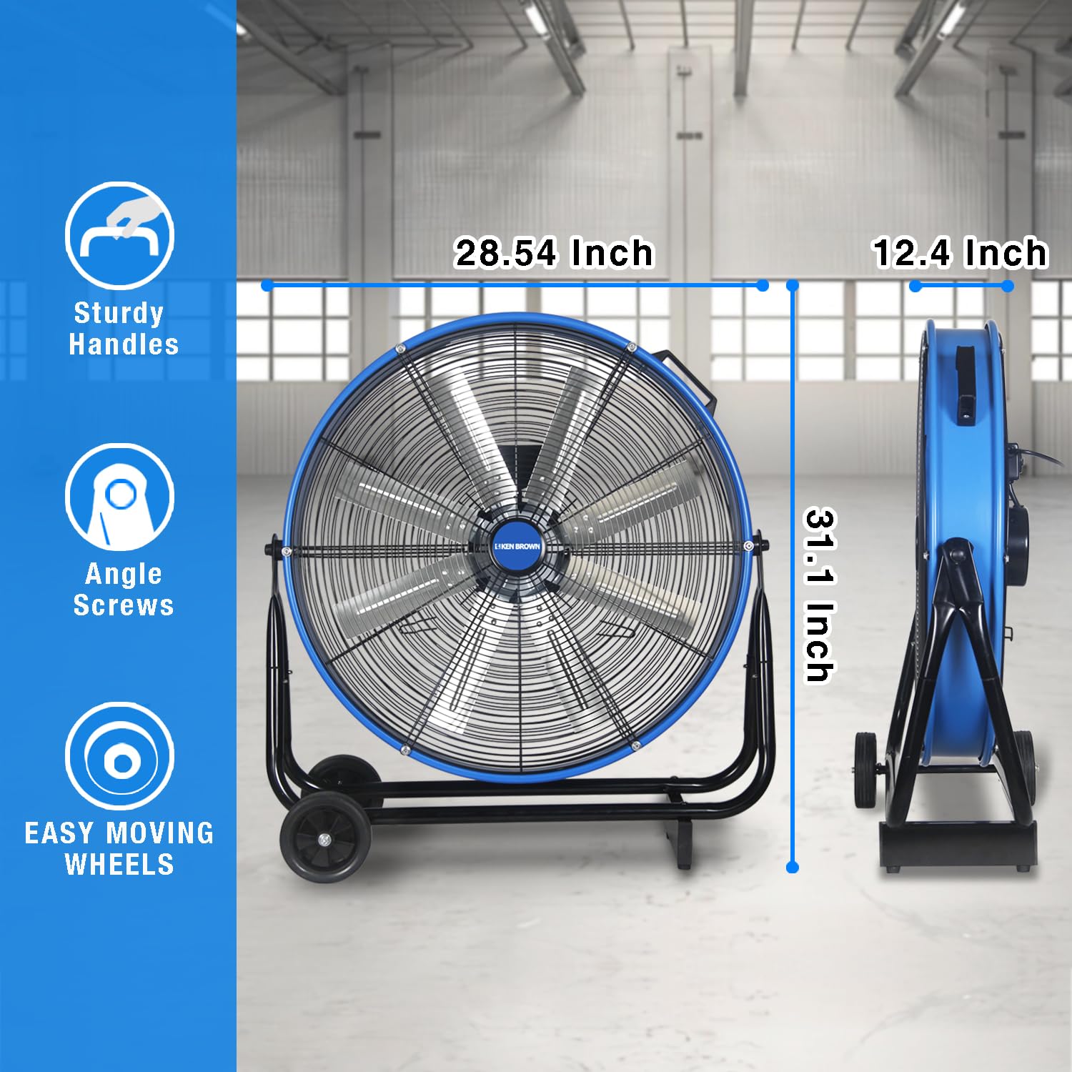 KEN BROWN 24 Inch High Velocity Floor Drum Fan Shop Fans Heavy Duty Blue, 9500 CFM 8 Blades, 3 Speeds, 360 Degree Tilt, Ideal For Industrial Fan, Commercial Fan, Shop Fan, Gym Fan, Garage Fan