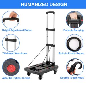 Double Rhombus Folding Hand Truck, 330 Lbs Foldable Hand Truck Dolly Cart Heavy Duty Collapsible Trolley Portable Platform Luggage Cart with 5 Wheels & 2 Elastic Ropes for Moving Travel Home Office