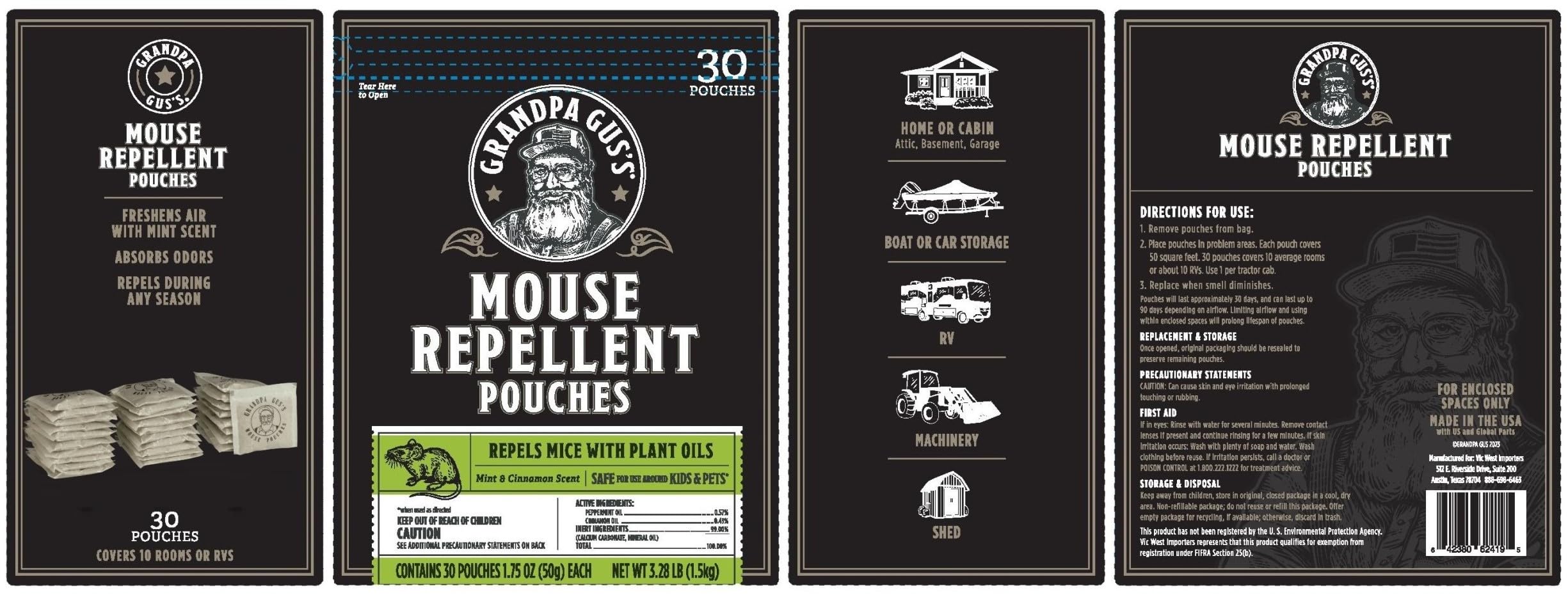 Grandpa Gus's Natural Mouse Repellent Pouches, Cinnamon/Peppermint Oils Repel Mice from Nesting & Freshen Air in Home/Cabin/Boat/Car/Storage/RV/Machinery/Shed, 1.75 Oz (30 Pouches)