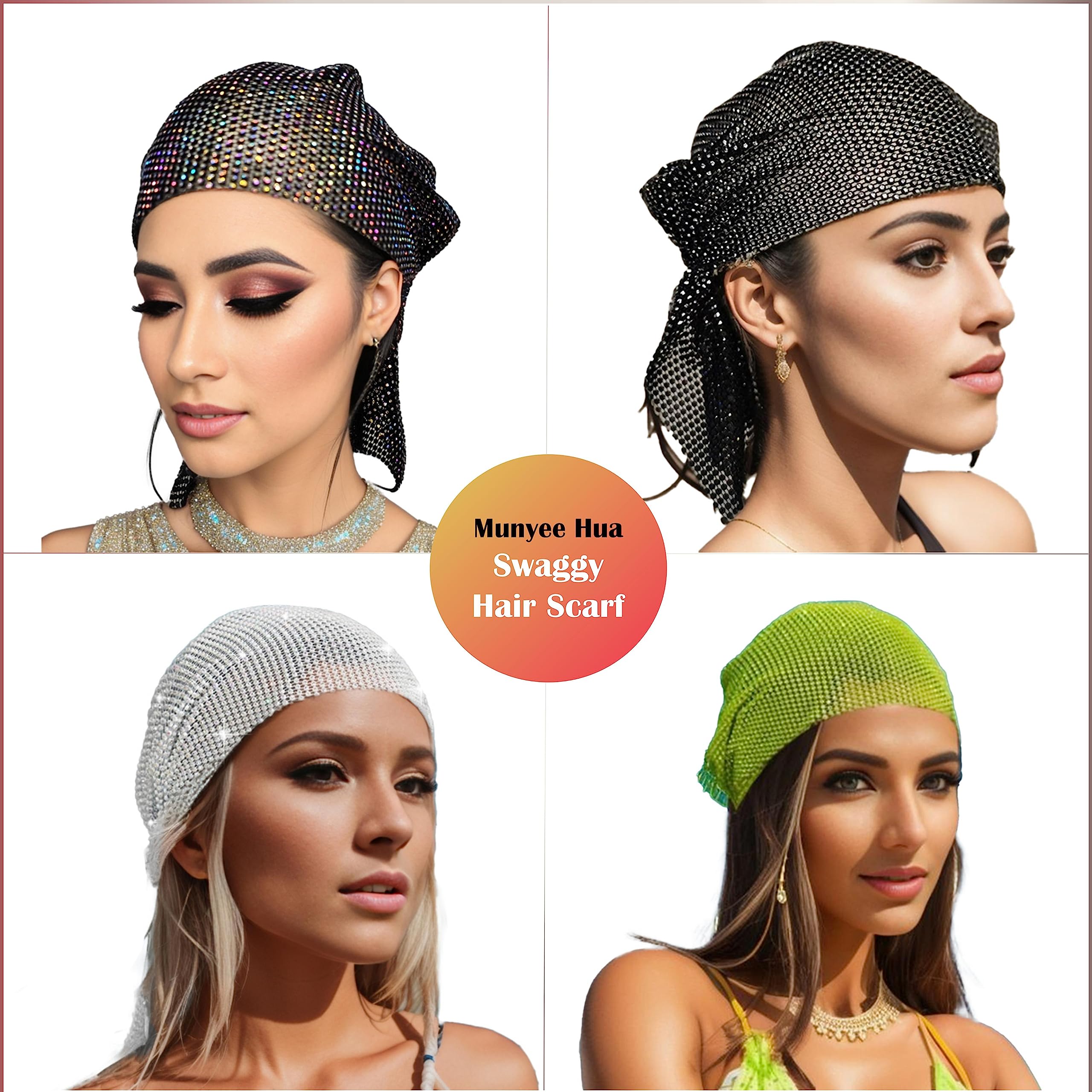 Munyee Hua Rhinestone Head Scarf for Women Bling Sparkly Hijab Stretchy Rave Turban Hat Headband Crystal Mesh Cap Hair Snood Nets Vintage Dress Concert Headpiece(White)