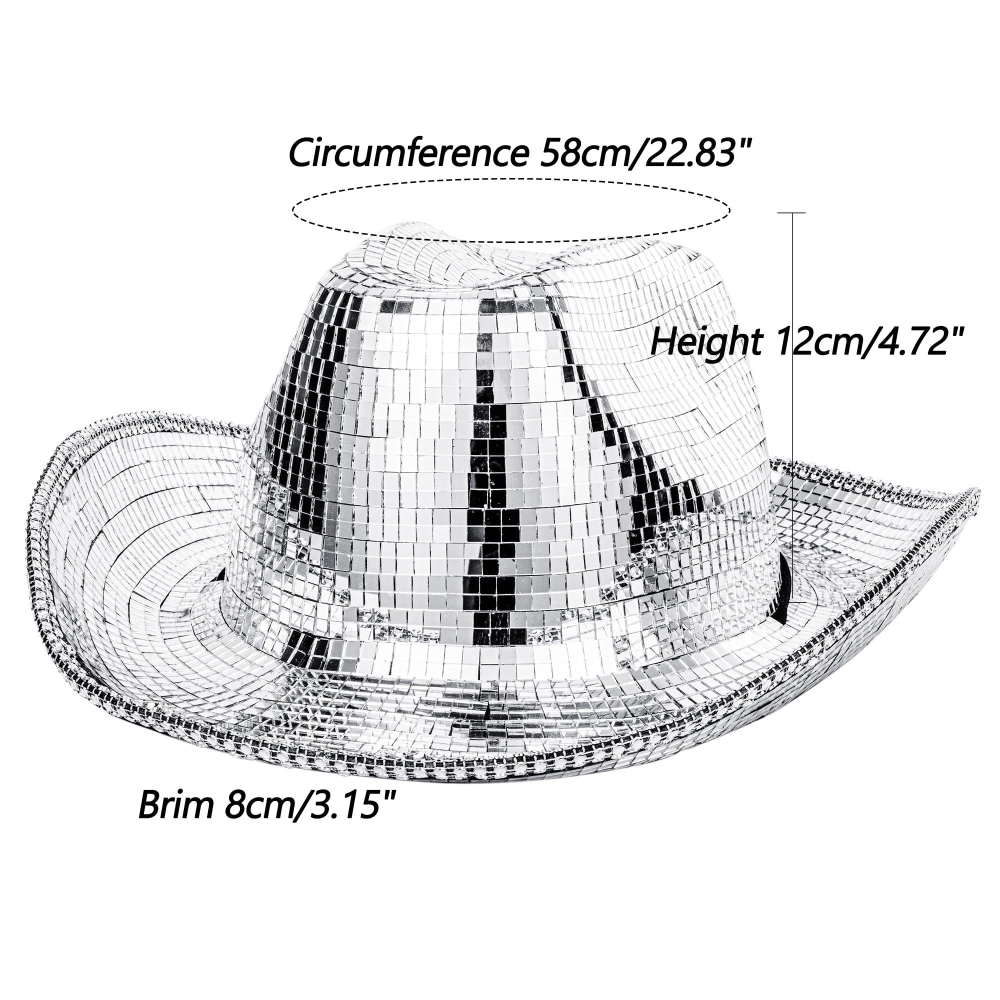 Disco Ball Western Cowboy Hat - Women Men Silver Mirrored Sparkly Cowgirl Hat for Cosplay Party Size:L