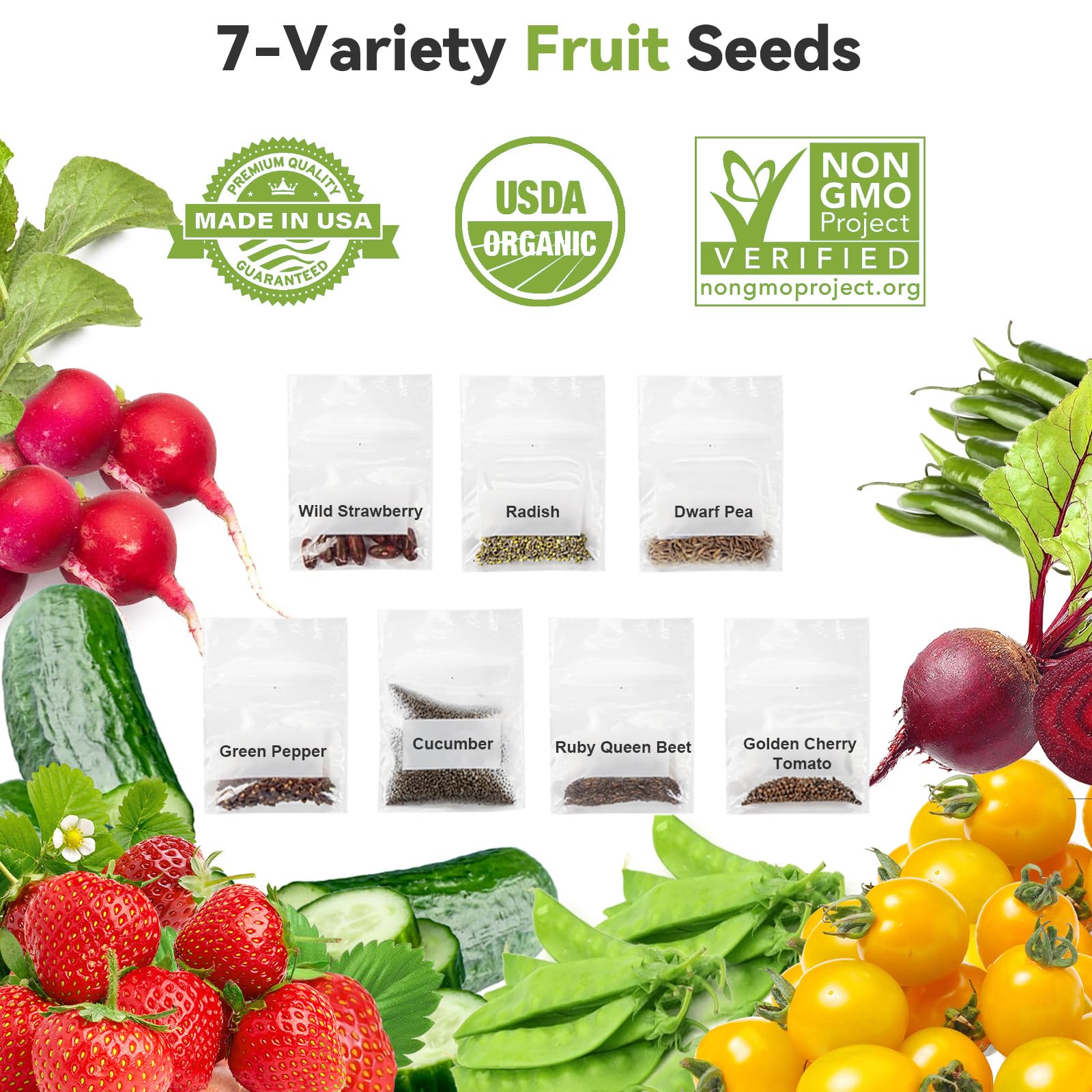 inbloom Fruit Seed Pod Kits for AeroGarden, Ahopegarden Hydroponics Garden, 12-Pods, 350+ Seeds Included Wild Strawberry, Radish, Dwarf Pea, Green Pepper, Cucumber, Ruby Queen Beet, Golden Tomato