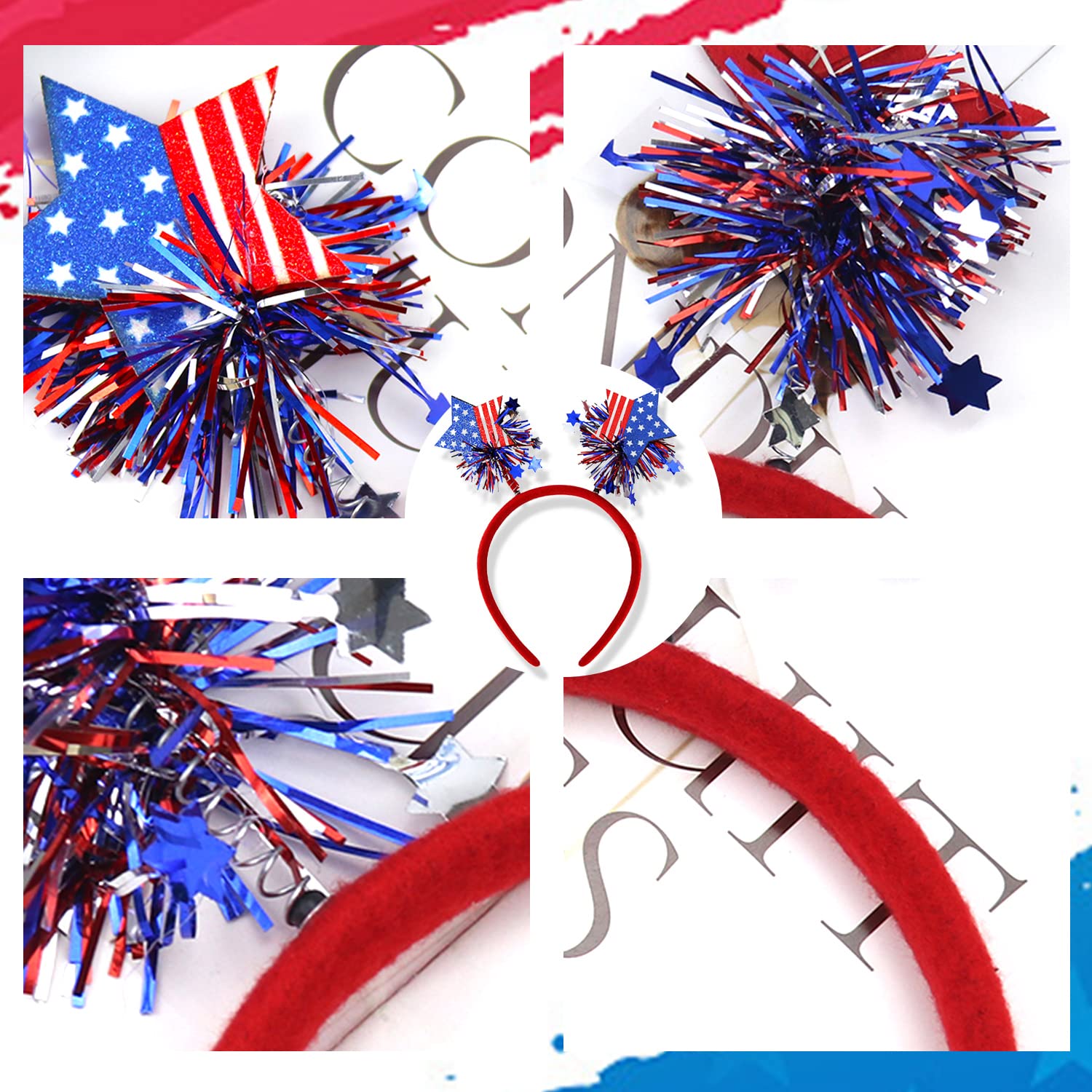 HIFANMM 4th of July Headband Independence Day Hair Accessories Patriotic Party Hair Supplies USA Flag Star Design Blue Red Ribbon Stars Hair Decoration Cute Hair Hoop for Women Girls Kids 1 Pcs