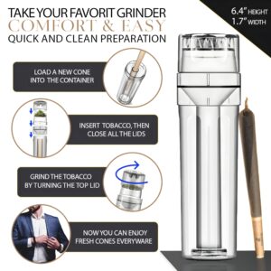 Ginzis 3-In-1 Herb Grinder Cone Loader Grinder Roller - Portable Grinder and Cone Filler, All-In-One Rolling Machine and Travel-Friendly Cone Storage - Includes 8 Carbon-Filtered Pre-Rolled Cones