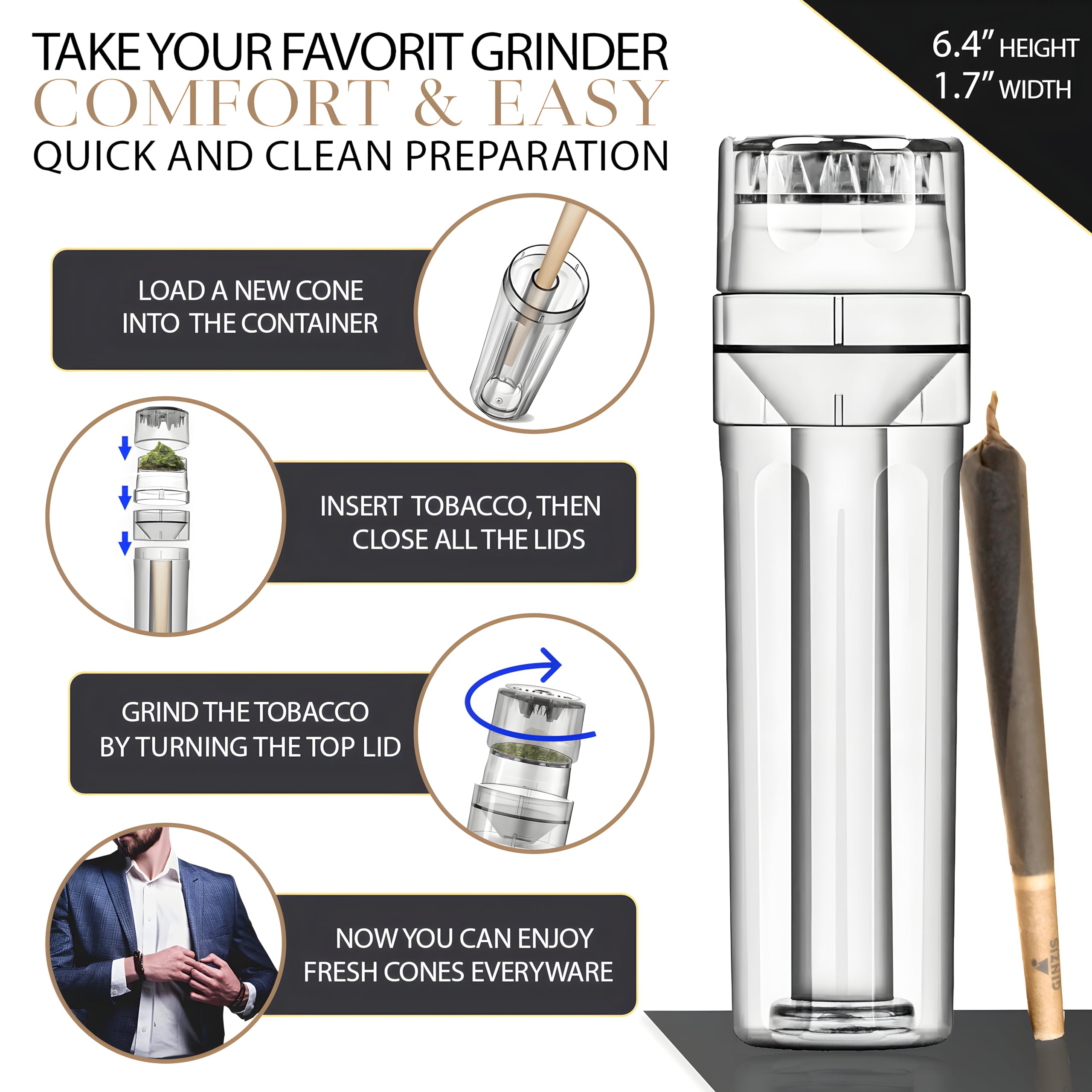 Ginzis 3-In-1 Herb Grinder Cone Loader Grinder Roller - Portable Grinder and Cone Filler, All-In-One Rolling Machine and Travel-Friendly Cone Storage - Includes 8 Carbon-Filtered Pre-Rolled Cones