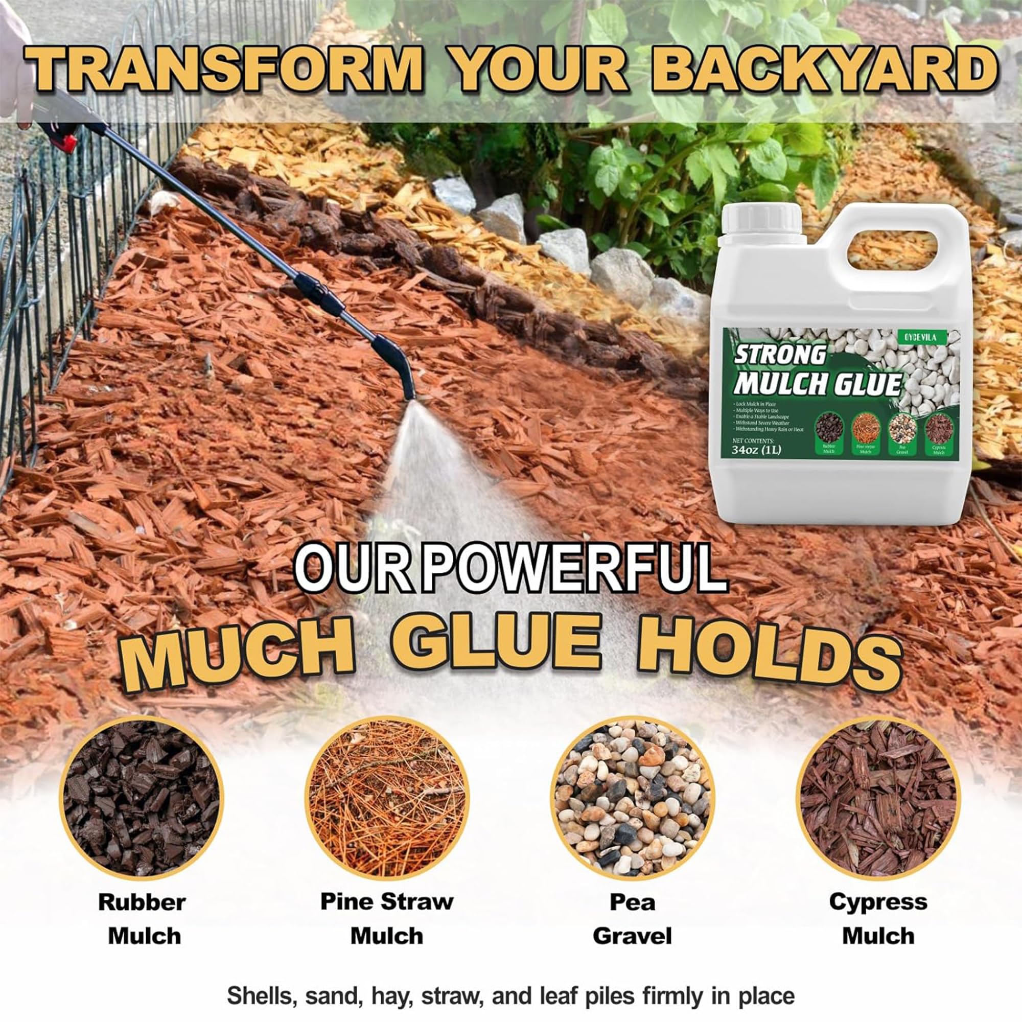 Oycevila Strong Concentrate Mulch Glue, Gravel Binder Mulch Glue, Non-Toxic Mulch Glue, Mulch Landscape Lock Adhesive Pea Gravel Stabilizer, Mulch Rock Glue for Landscaping Pea Gravel & Bark