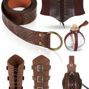 ramede 6 Pcs Women Renaissance Accessories Medieval Leaf Leather Belt Pouch Viking Corset Belt Potion Bottle Leaf Arm Guards(Fit Waist Size 25''-29'',Medieval Style,Brown)