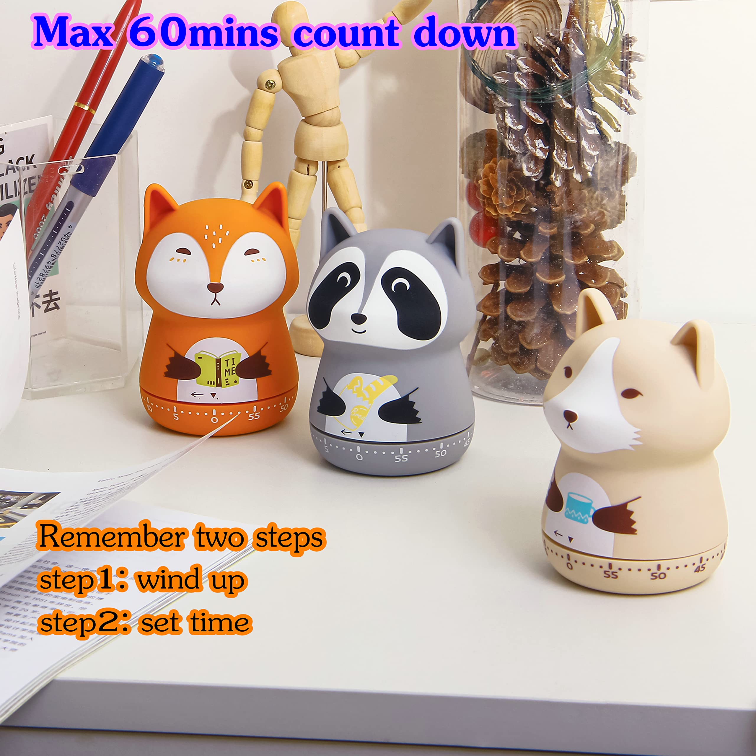 NUOSWEK Mechanical Kitchen Timer, Cute Animal Timer for Kids, Wind Up 60 Minutes Manual Countdown Timer for Classroom, Home, Study and Cooking (Orange Fox)