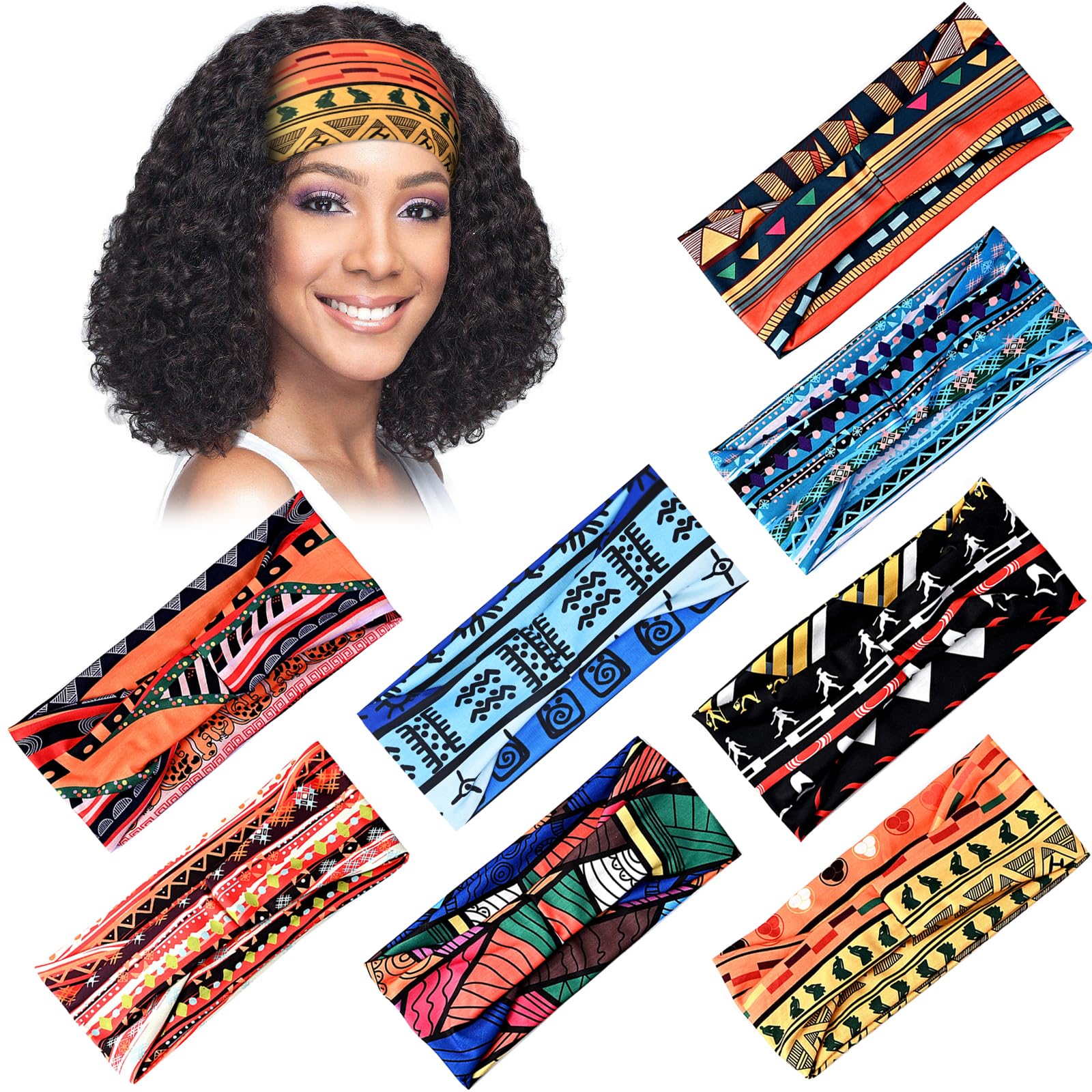 Carede African Headbands Wide Head Wraps for women Boho Turban Head Bands for Lady Large Sport Workout Stretchy Non-slip Hair Bands,Pack of 8