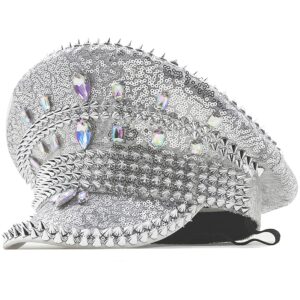 UTOWO Glitter Sequin Bride Hat Bachelorette Hen Party Captain Caps Rhinestone Hen Do Hat Steampunk Military Hat for Women (as1, alpha, one_size, Standard, Silver)