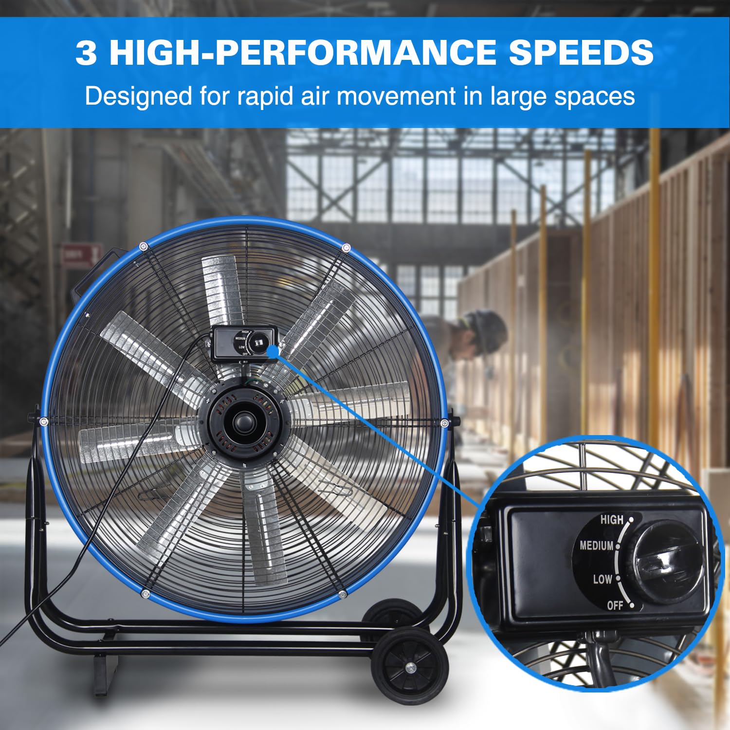 KEN BROWN 24 Inch High Velocity Floor Drum Fan Shop Fans Heavy Duty Blue, 9500 CFM 8 Blades, 3 Speeds, 360 Degree Tilt, Ideal For Industrial Fan, Commercial Fan, Shop Fan, Gym Fan, Garage Fan