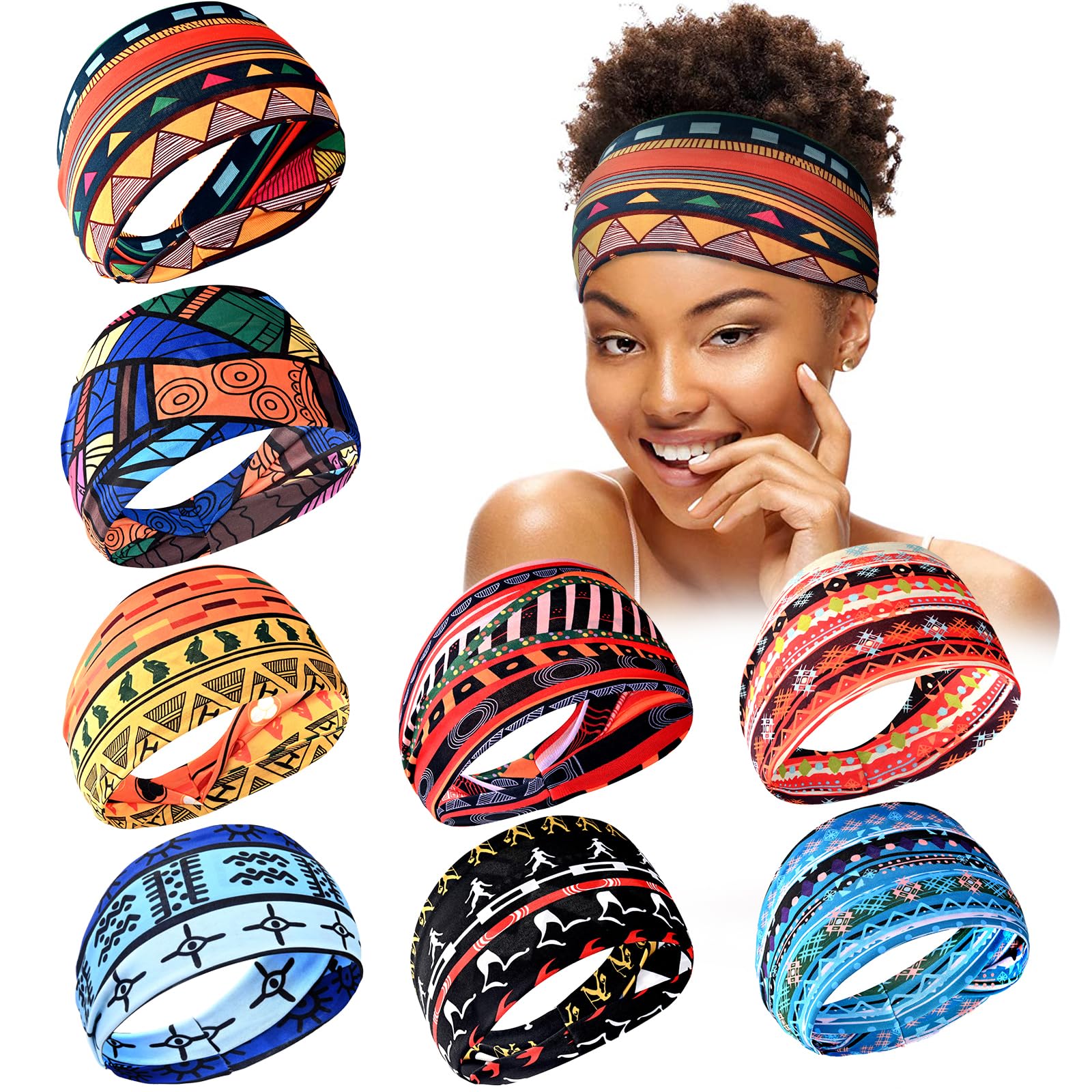 Carede African Headbands Wide Head Wraps for women Boho Turban Head Bands for Lady Large Sport Workout Stretchy Non-slip Hair Bands,Pack of 8