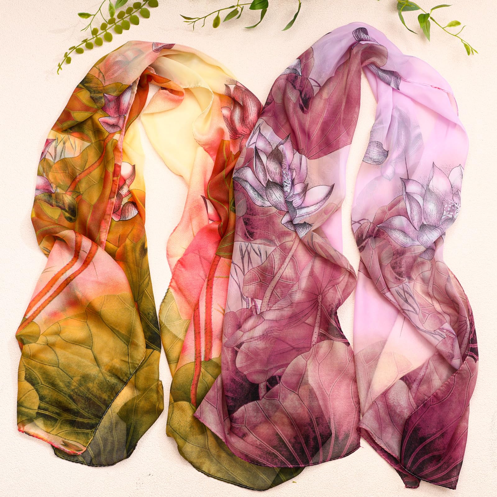 Xtinmee 12 Pcs Lotus Scarfs for Women Lightweight Print Floral Pattern Scarf Fashion Silk Chiffon Shawl Summer Gifts