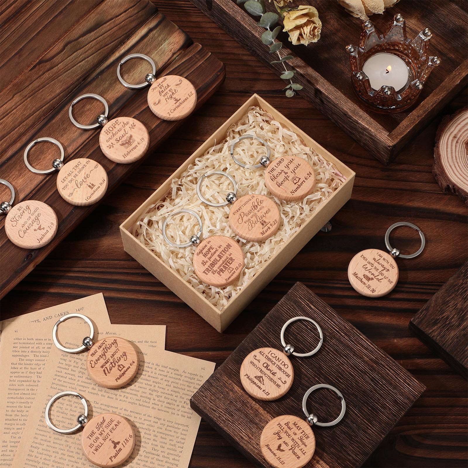 Siifert 60 Pcs Christian Keychain Bulk Religious Bible Verse Inspirational Wooden Quotes Keychain for Women Men Church(Vivid Style)