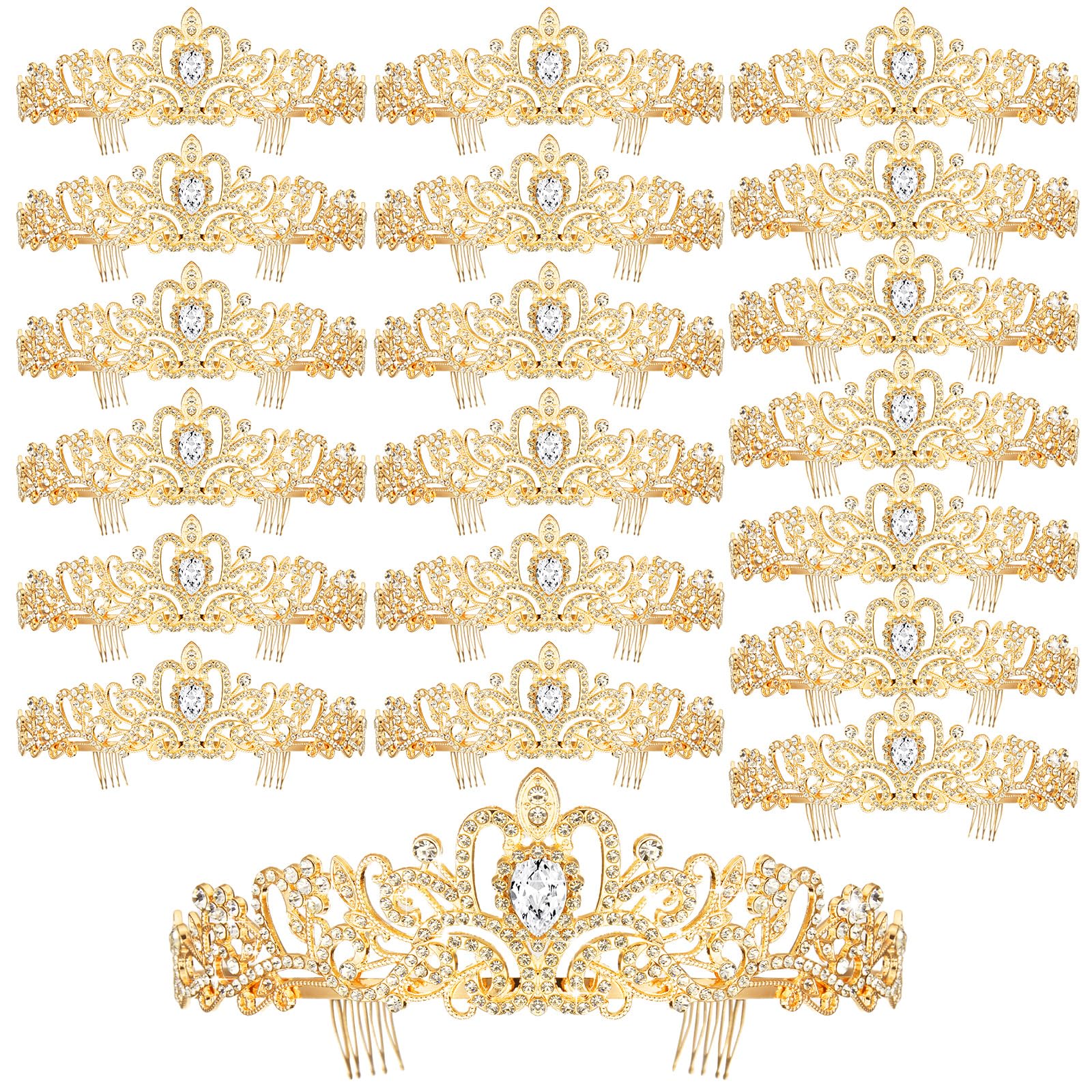 Tigeen 20 Pcs Crystal Tiara Crowns Princess Crown for Women Crown with Combs Rhinestone Princess Tiara Bride Crown for Birthday Party Bridal Wedding Prom Hair Accessories(Gold)