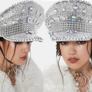 UTOWO Glitter Sequin Bride Hat Bachelorette Hen Party Captain Caps Rhinestone Hen Do Hat Steampunk Military Hat for Women (as1, alpha, one_size, Standard, Silver)