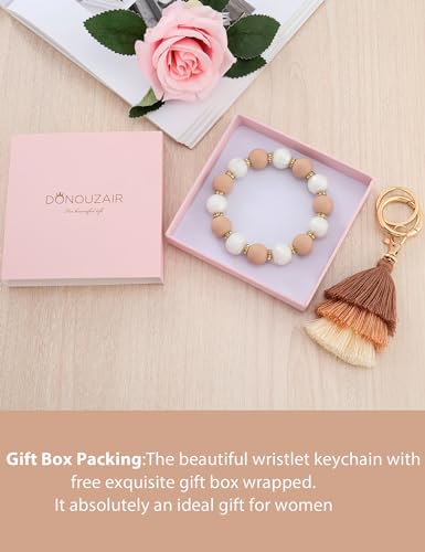 Donouzair Cute Keychain Wristlet,Silicone Beaded Key Ring Bracelet Keychain Car Holder Key Chains for Women with Gift Box(Oatmeal)