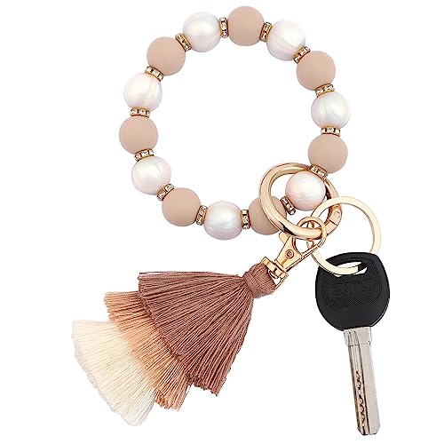 Donouzair Cute Keychain Wristlet,Silicone Beaded Key Ring Bracelet Keychain Car Holder Key Chains for Women with Gift Box(Oatmeal)