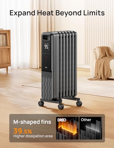 Dreo Oil Filled Radiator, Electric Radiant Heaters for indoor use Large Room with Remote Control, Child Lock, 4 Modes, Overheat & Tip-Over Protection, 24h Timer, Digital Thermostat, Quiet, 1500W