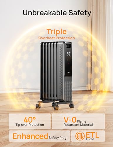 Dreo Oil Filled Radiator, Electric Radiant Heaters for indoor use Large Room with Remote Control, Child Lock, 4 Modes, Overheat & Tip-Over Protection, 24h Timer, Digital Thermostat, Quiet, 1500W