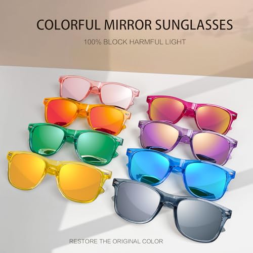 Pibupibu 10 Pack Neon Party Sunglasses Bulk, Wholesale Retro 80s Clear Colorful Mirrrored Lens Sunglasses Party Favors