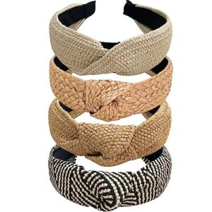 jseng 4pc handmade raffia boho top knot knotted headbands, rattan woven no slip summer beach headbands for women