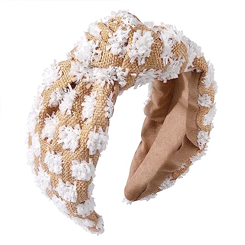 ZITULRY Raffia Knotted Headbands for Women Boho Straw Wide Top Knot Hairband Statement Rattan Woven Pom Pom Hair Hoop Summer Beach Holiday Party Hair Accessories for Girls Ladies Gifts