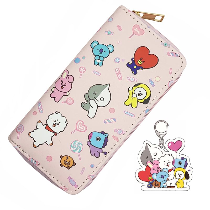 Educatgame Kpop Army Wallet with Bag Charm, Cute Long Zipper Faux Leather Wallet, Cute Stuff/Accessories or Gift for Teen Girls & Women (A)