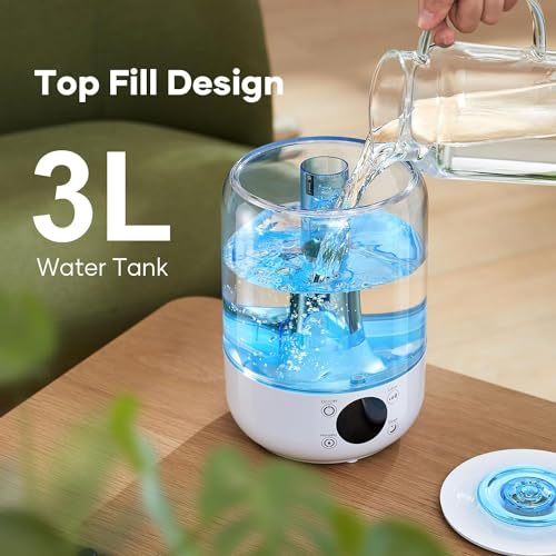 HiLIFE Humidifiers for Bedroom, 3L Ultrasonic Cool Mist Humidifiers for Home Baby Nursery & Plants, Quiet Top Fill Air Humidifier Lasts Up to 30 Hours, Auto Shut-Off, Filterless