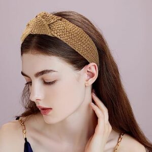 Jseng 4PC Handmade Raffia Boho Top Knot Knotted Headbands, Rattan Woven No Slip Summer Beach Headbands for Women