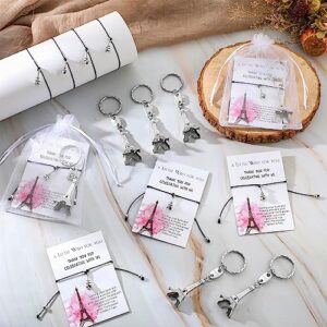 Equsion 25 Sets Paris Party Favors Eiffel Tower Keychain Paris Keychain Wish Bracelets and Organza Bag Sweet 16 Party Favors