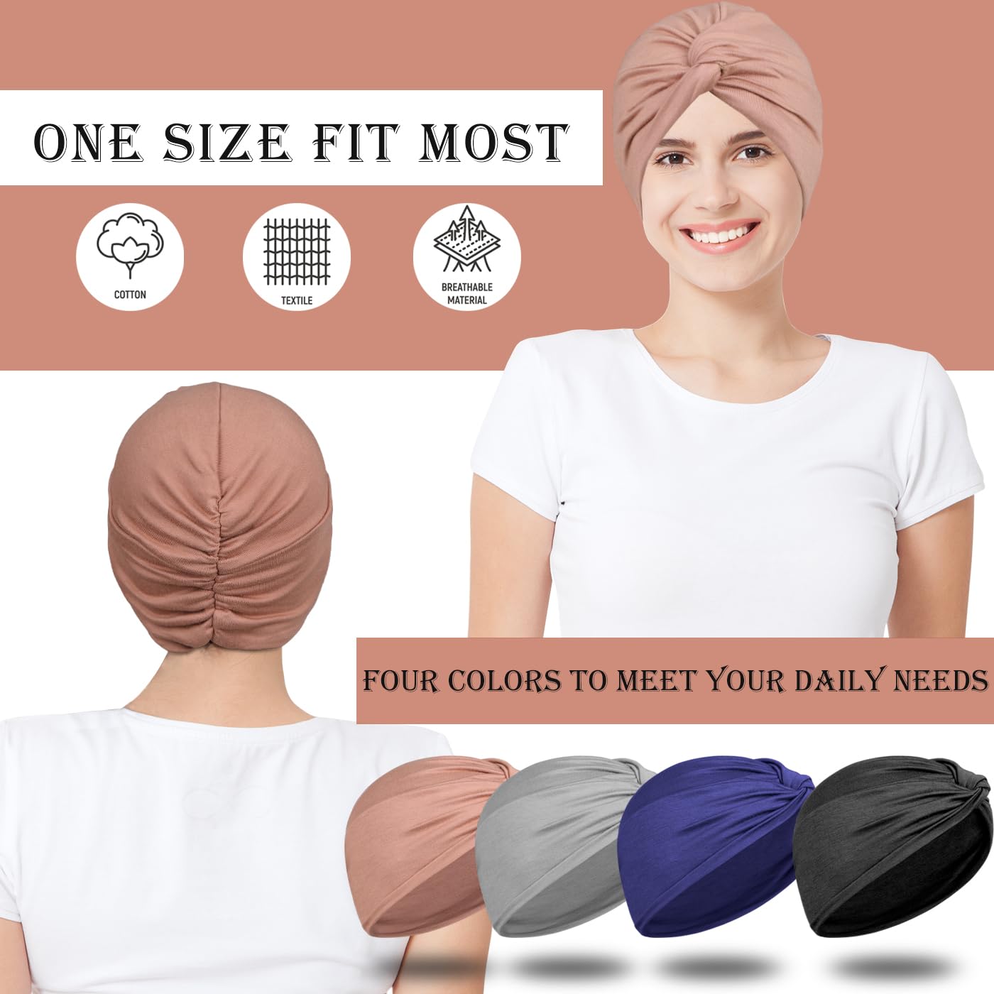 ASKNOTO 4 Pieces Soft Hair Turbans, Pre Tied Headwrap Knot Pleated Chemo Headwear for women