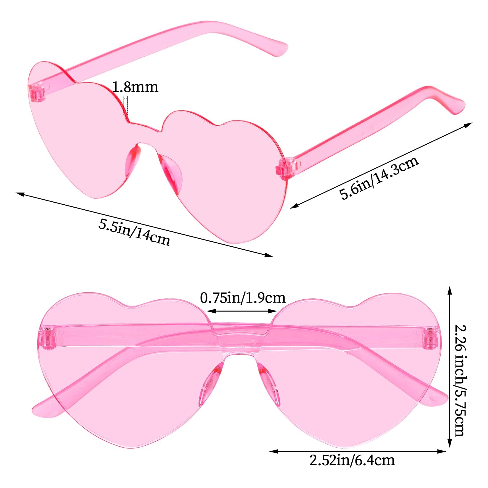 Fengek 30 Pcs Heart Shape Sunglasses Frameless Transparent Glasses Party Favors for Women, Pink