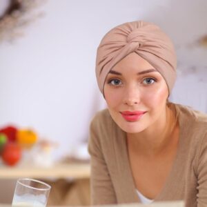 ASKNOTO 4 Pieces Soft Hair Turbans, Pre Tied Headwrap Knot Pleated Chemo Headwear for women