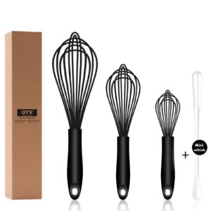 oyv dishwasher safe silicone whisk, sealed waterproof design set of 3, professional kitchen whisks for cooking non-scratch, silicone & stainless steel whisk, heat resistant balloon egg beater, black