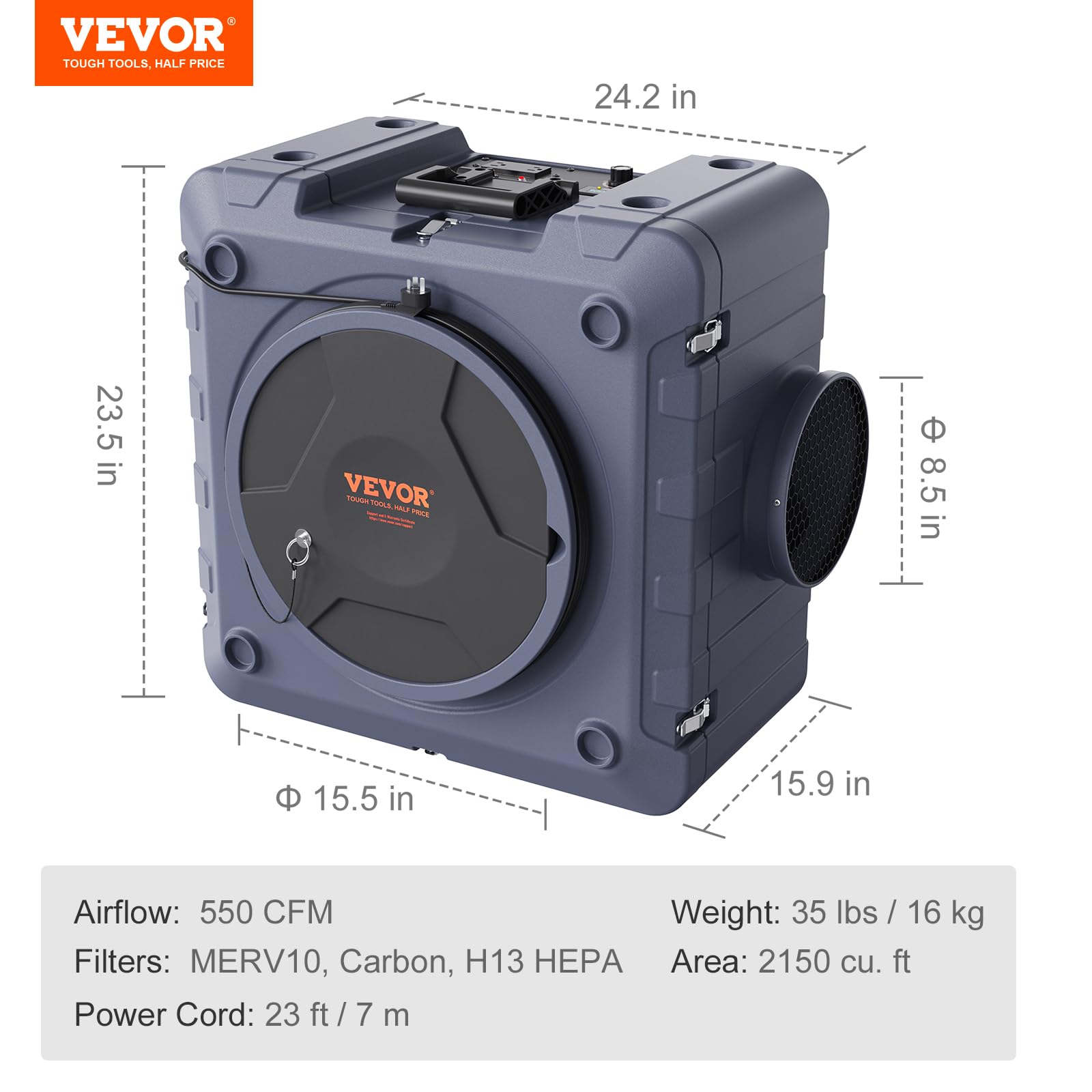 VEVOR Air Scrubber with 3-Stage Filtration, Stackable Negative Air Machine 550 CFM, Air Cleaner with MERV10, Carbon, H13 HEPA, for Home, Industrial and Commercial Use