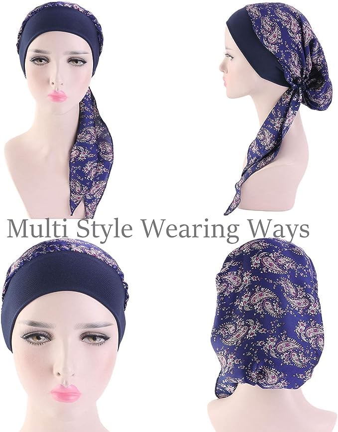 FADACHY Chemo Headwear Turbans for Women with Cancer, Summer Chemo Hats wIth Silky Long Hair Head Scarf, Fashion Soft Floral Headwraps Cancer Headcovers Hats