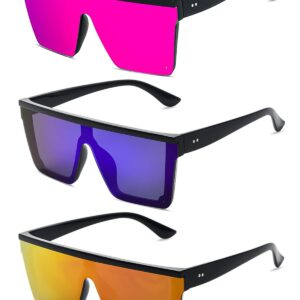 QYVEWY 3 Pack Oversized Square Sunglasses for Women Men Large Flat Top Thick Frame Big Sun Glasses UV400 Protection (Mirror Blue/Purple/Red)