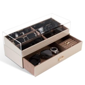 kamier sunglass organizer leather eyeglasses collector eyewear display case storage box,two-tier wooden sunglass organizer for women men with sunglass holder and drawer,beige