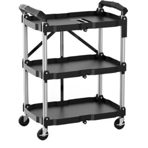 HIMIX Foldable Utility Carts with Wheels, 3-Tier Holds 240lbs Folding Rolling Cart with Fixed Rope, Collapsible Service Cart for Home, Office, Garage, and Warehouse - No Assembly Required