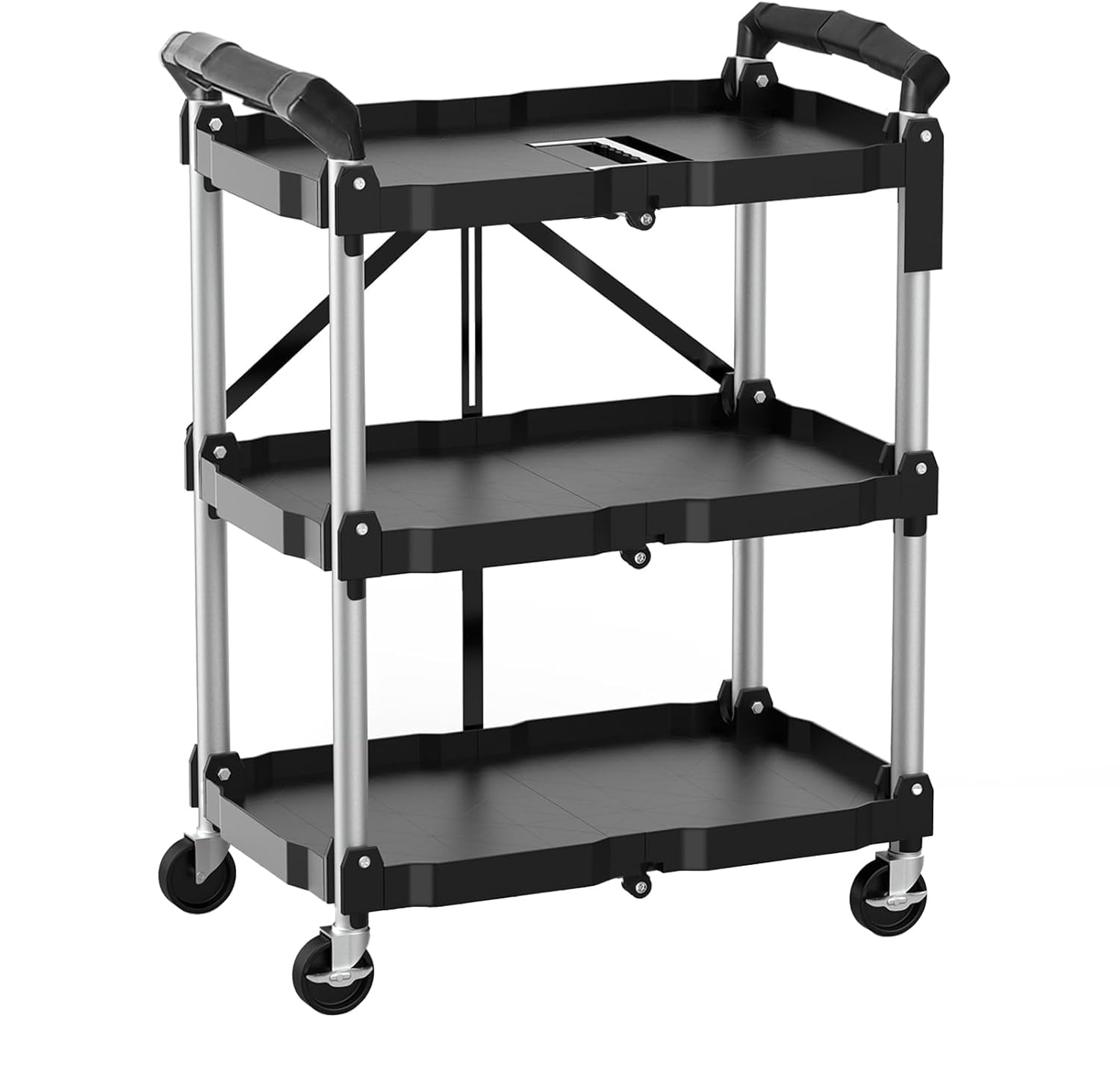 HIMIX Foldable Utility Carts with Wheels, 3-Tier Holds 240lbs Folding Rolling Cart with Fixed Rope, Collapsible Service Cart for Home, Office, Garage, and Warehouse - No Assembly Required