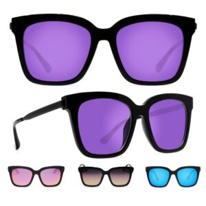 DIFF Bella Designer Oversized Square Sunglasses for Women UV400 Protection, Black + Purple Mirror