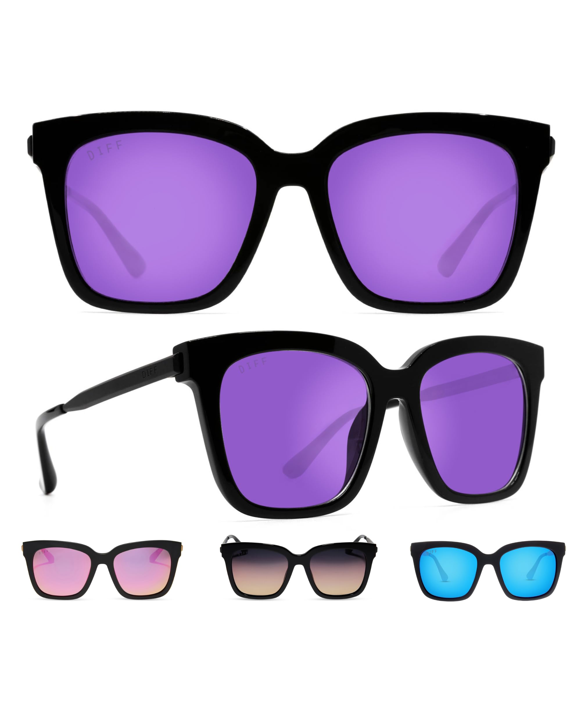 DIFF Bella Designer Oversized Square Sunglasses for Women UV400 Protection, Black + Purple Mirror