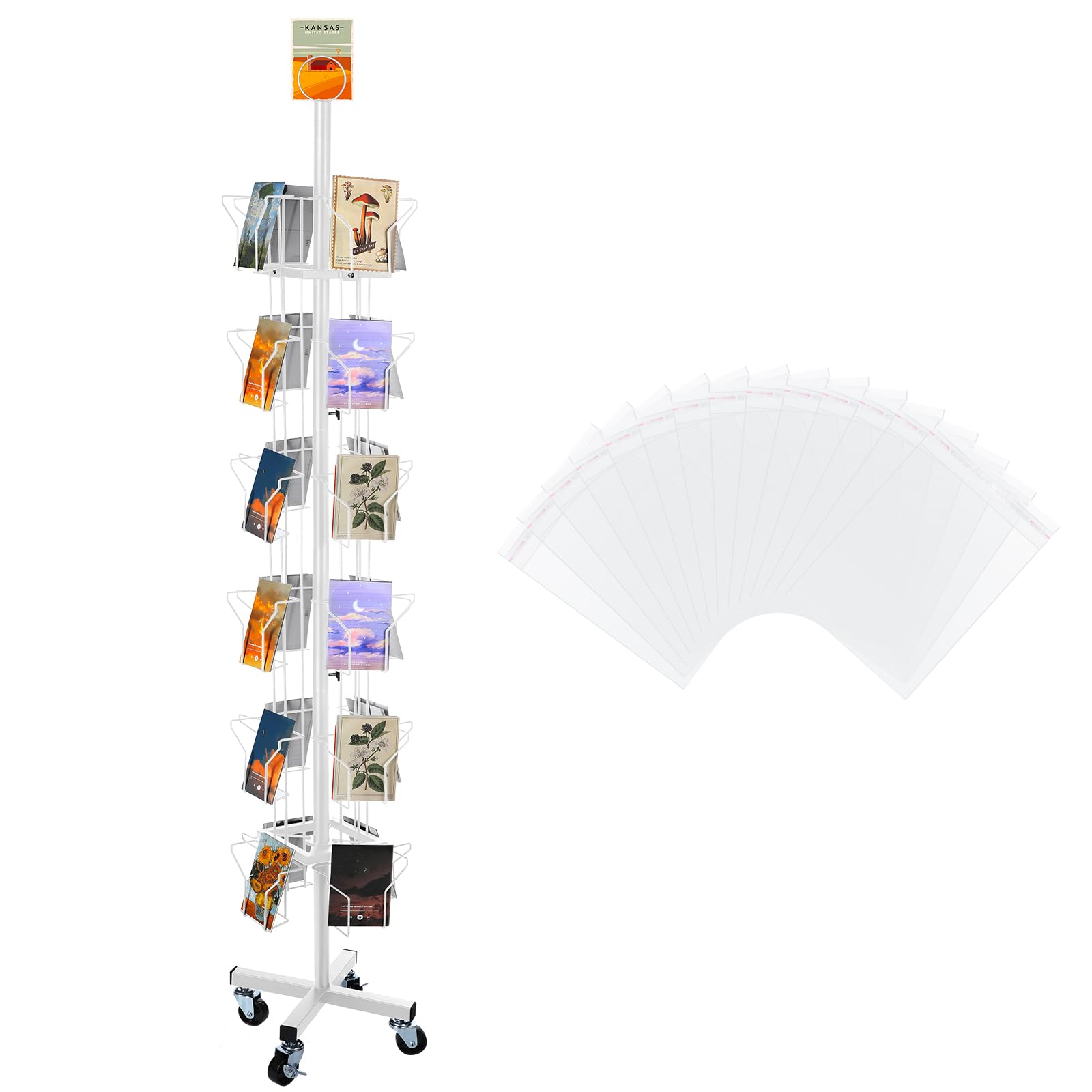 Queekay 24 Pockets Countertop Rotating Greeting Card Rack with 200 Clear Resealable Polypropylene Bags 6 Tier Metal Display Stand Spinning Floor Stand Pocket Rotating Holder for Stickers (White)