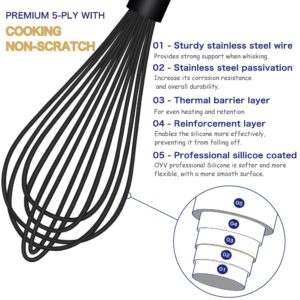 OYV Dishwasher Safe Silicone Whisk, Sealed Waterproof Design Set of 3, Professional Kitchen Whisks for Cooking Non-Scratch, Silicone & Stainless Steel Whisk, Heat Resistant Balloon Egg Beater, Black