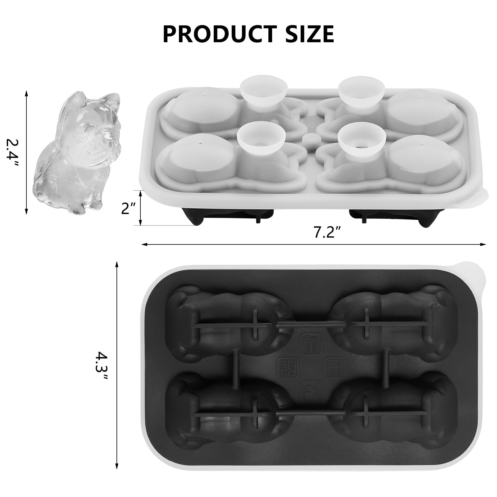 ACOOKEE French Bulldog Ice Cube Mold, 4 Hole Fun Shapes Large Frenchie Bull Dog Ice Cube Tray for Whiskey,Cocktail,Bourbon, Cute Novelty French Bulldog Gifts for Decor, BPA Free