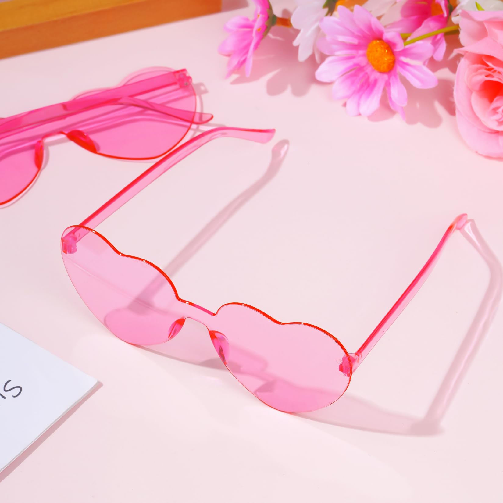 Fengek 30 Pcs Heart Shape Sunglasses Frameless Transparent Glasses Party Favors for Women, Pink